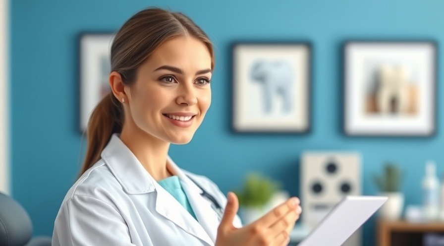 Female dentist discussing oral health during pregnancy with a calm expression.