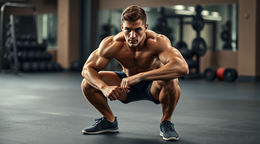 Strong male athlete in a deep squat on rubber gym floor, showcasing muscles.