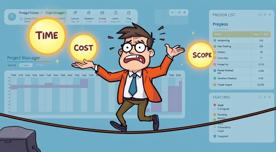 Stressed project manager juggling 'Time,' 'Cost,' and 'Scope' orbs on a tightrope.
