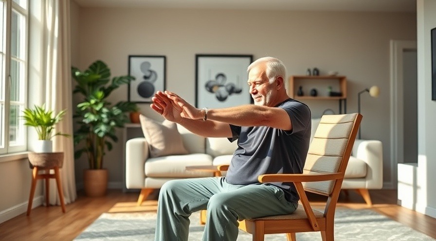 Senior man demonstrating chair fitness exercises in a bright modern living room.
