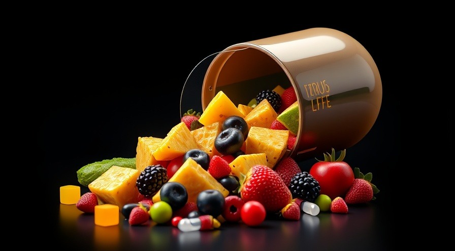 Vibrant 3D capsule spilling fruits and vitamins, highlighting biotin benefits and vitamin K2.