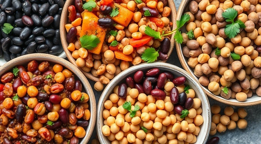 Colorful display of protein-rich bean recipes promoting dietary fiber for a healthy gut microbiome.