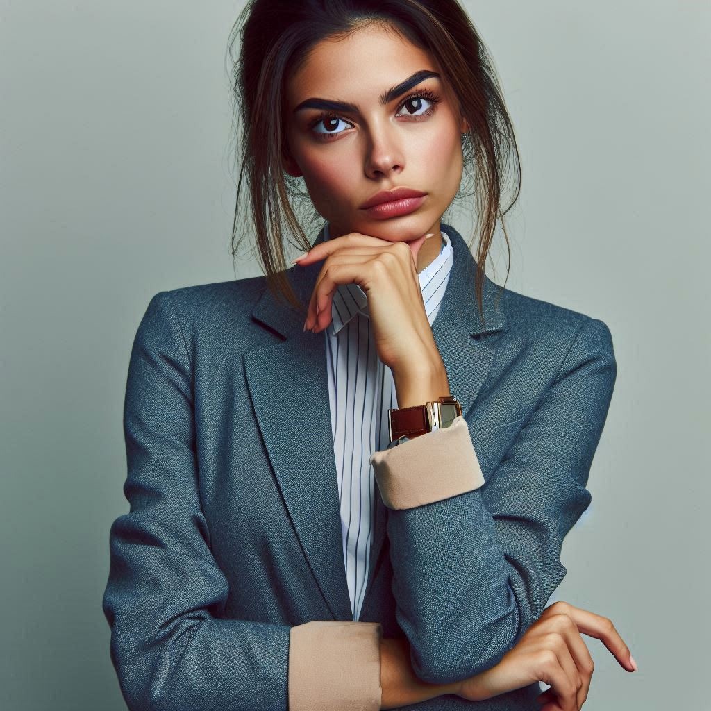 female in business attire, with hand on chin