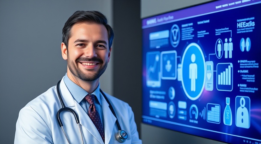 Portrait of a smiling doctor with AI tools in medicine graphics, showcasing healthcare transformation.