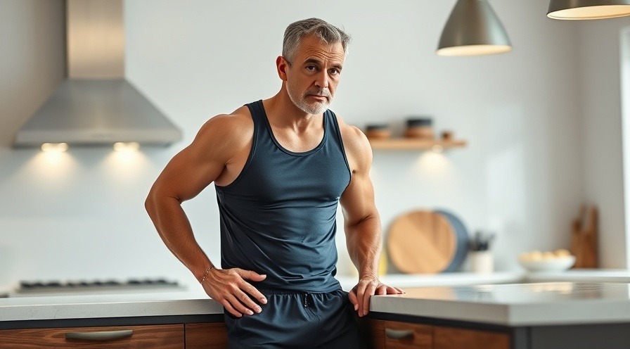 Fit 50 year old man demonstrating chair fitness exercises in a modern kitchen