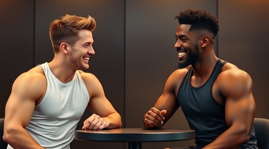 Two athletic men discussing mindful eating practices over a Greek breakfast, highlighting health benefits.