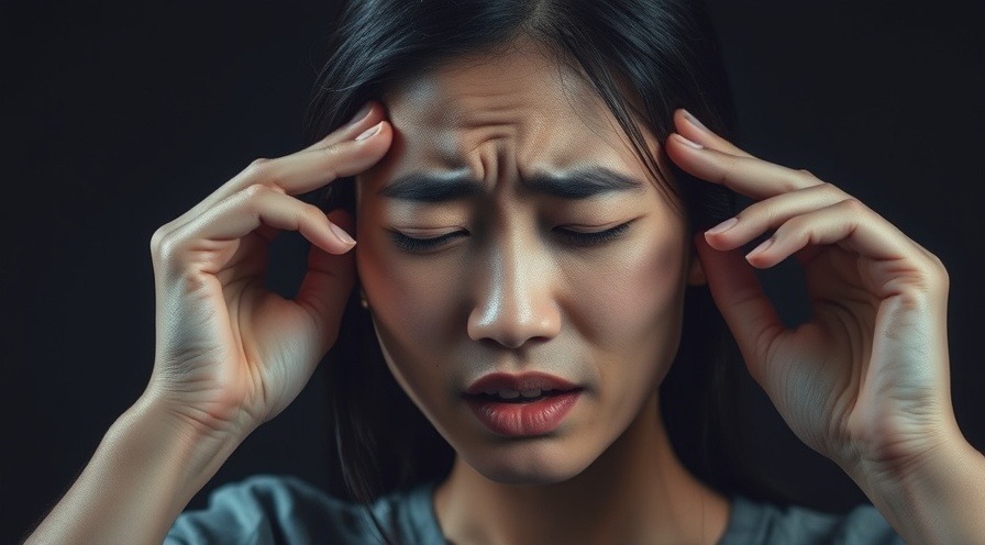 Young woman with chronic migraines disability, holding her temples in pain.