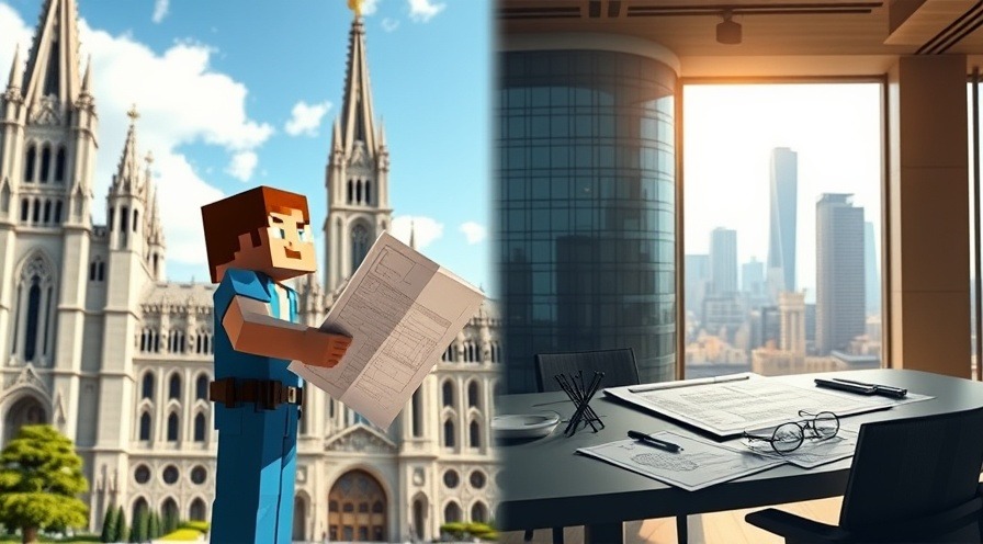 Minecraft player with blueprints in front of a grand architectural masterpiece.
