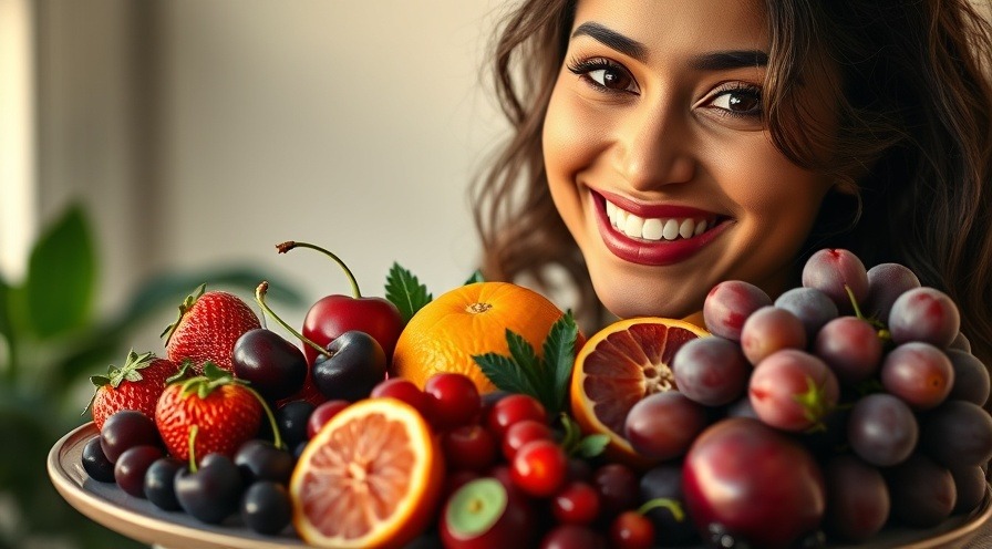 Woman with a tray of superfood red fruits, highlighting their nutritional advantages.