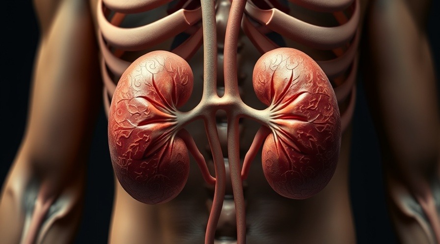 Anatomical illustration of human kidneys, highlighting kidney health and filtering waste.