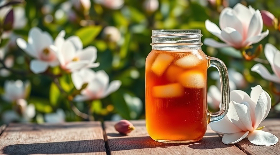 Refreshing iced sweet tea in a mason jar, surrounded by blooming magnolia flowers.