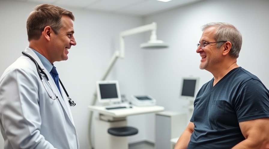 man discussing treatment with orthopedic doctor in bright exam room.