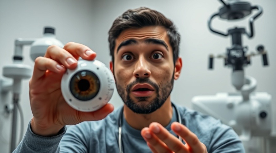 Engaged male surprised by keratoconus treatment options, holding eye model.