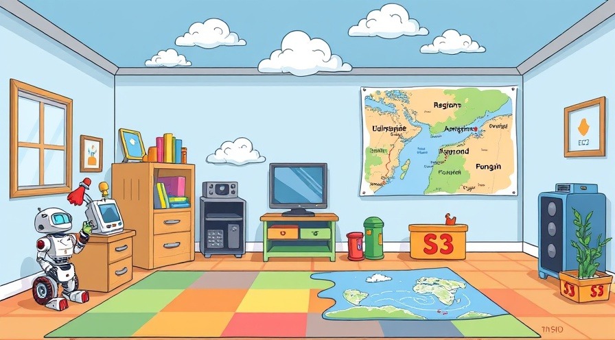 A colorful playroom cartoon illustrating cloud computing with toy robots and labeled toyboxes.
