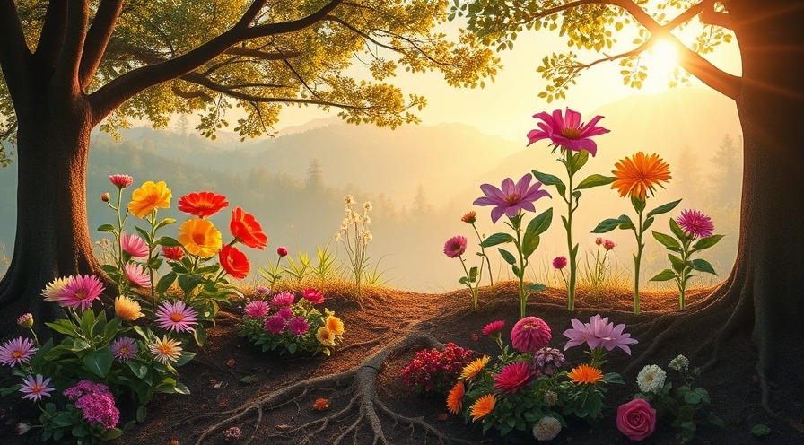 Serene landscape symbolizing fertility beyond age, vibrant flowers and interwoven roots.