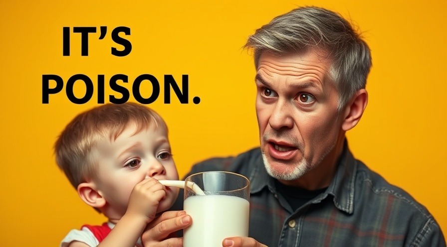 Angry man discussing food safety while boy drinks milk, bold text 'IT'S POISON'.