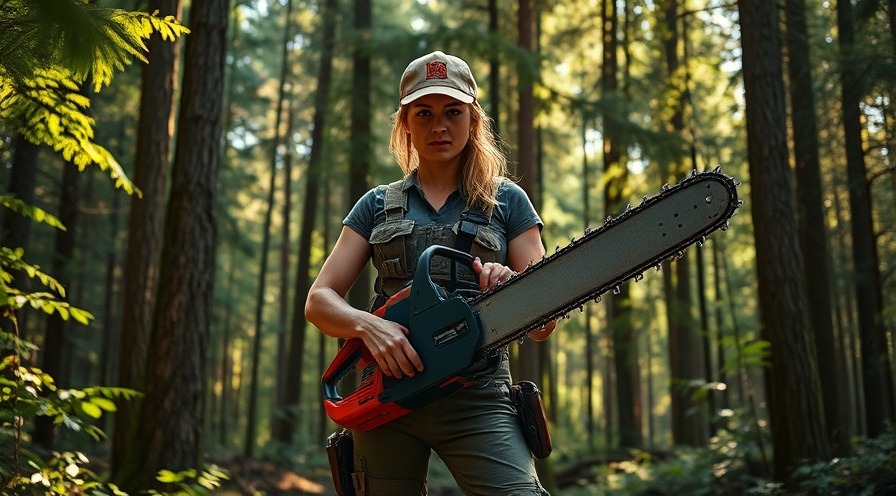 Female lumberjack in a lush forest, symbolizing strength and muscle development.