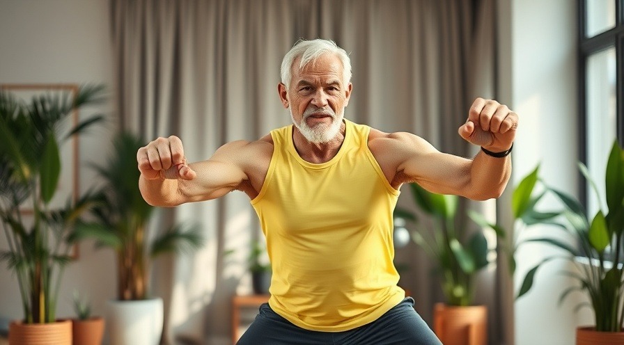 Energetic older man exercises indoors.
