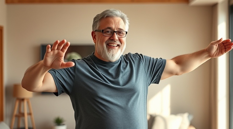 Man exercises for mobility fitness, demonstrating arm workouts in a modern setting.