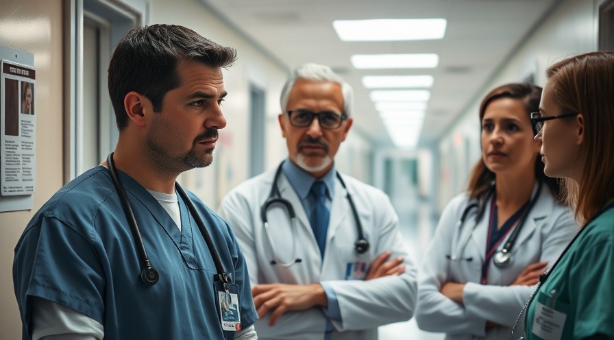Concerned medical professionals discussing vision health decisions in a hospital corridor.