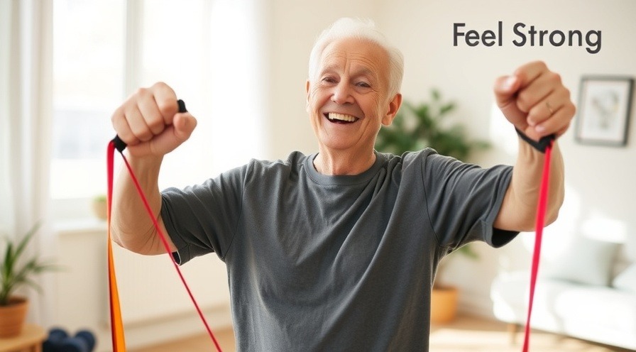 Older adult joyfully doing resistance band exercises in a bright, inviting home.