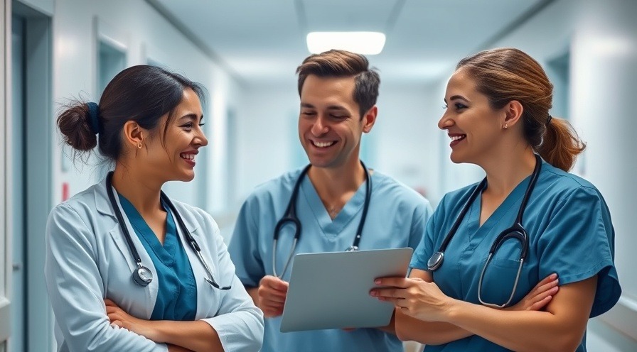 Doctors suggest stress management tips, discussing calmly in a soft-lit hospital.