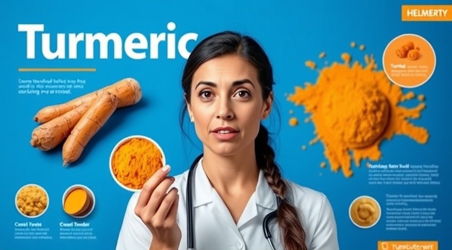 Healthcare professional explains turmeric health benefits with vibrant poster.
