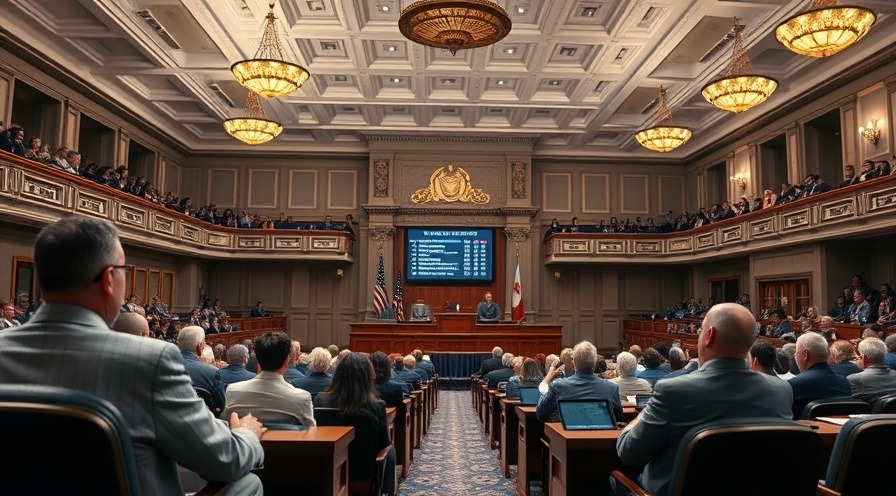 State legislative chamber showing attentive lawmakers voting on health funding impacts.