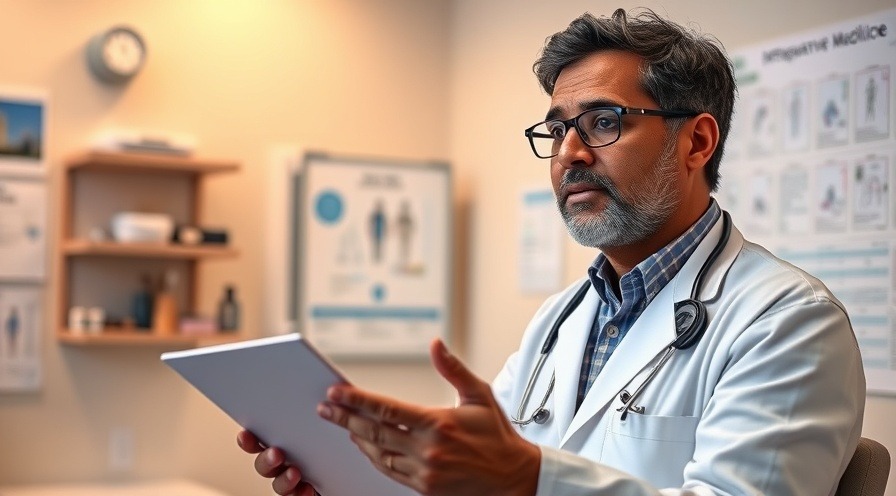 Indian integrative medicine physician engaging in a bright clinic with detailed charts.