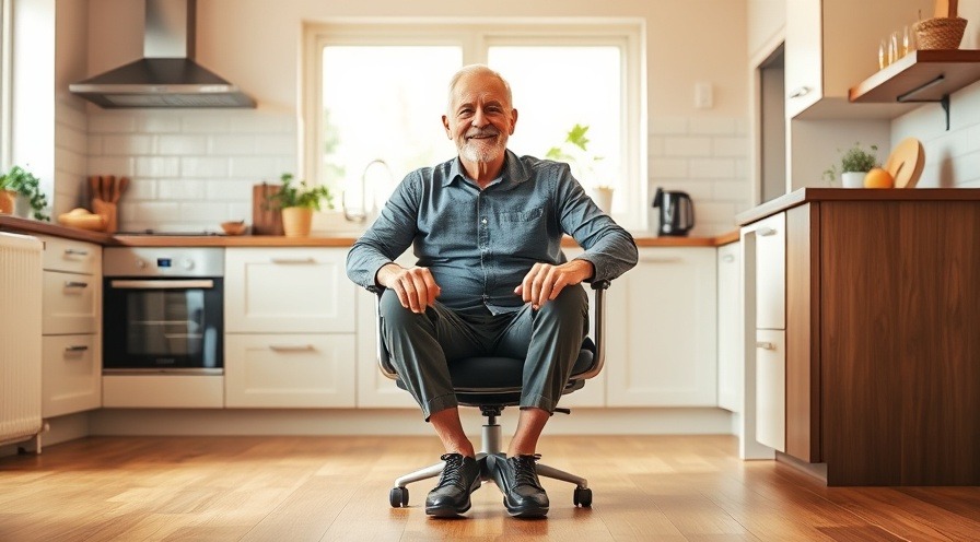 Senior citizen exercises: 67-year-old man smiling in chair fitness setup.