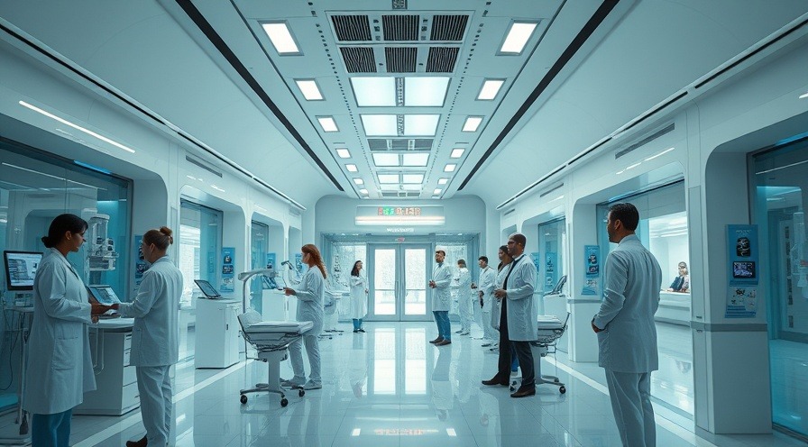 Futuristic healthcare facility emphasizing mental health reform with advanced technology.