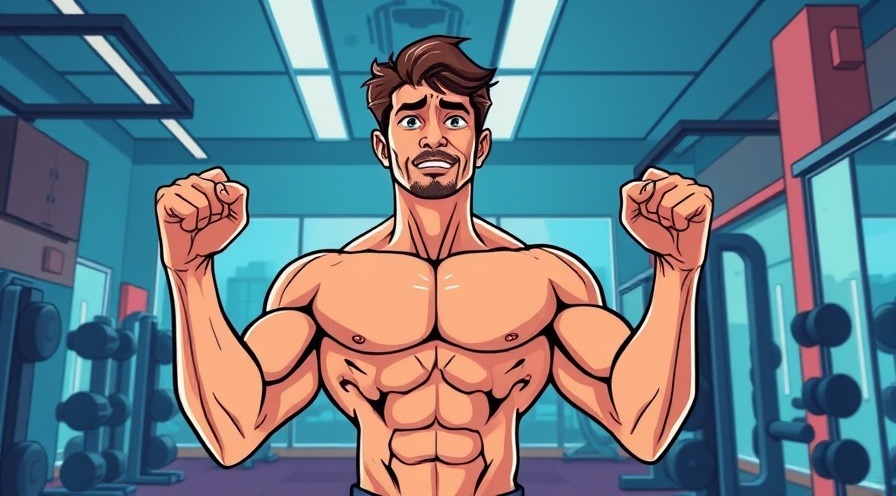 Dynamic cartoon of a fit man performing chest workouts in a vibrant gym.
