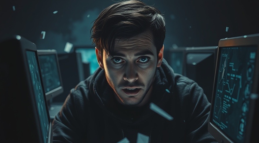 Hacker in despair, surrounded by shattered screens, conveying intense emotions.