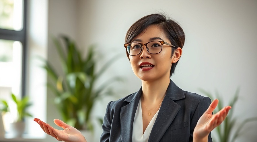Confident woman delivering a speech on mental health strategies.