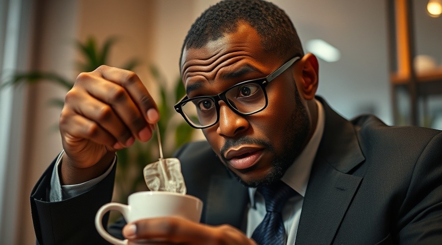 A shocked middle-aged man examines a teabag, revealing concerns about microplastics in food.