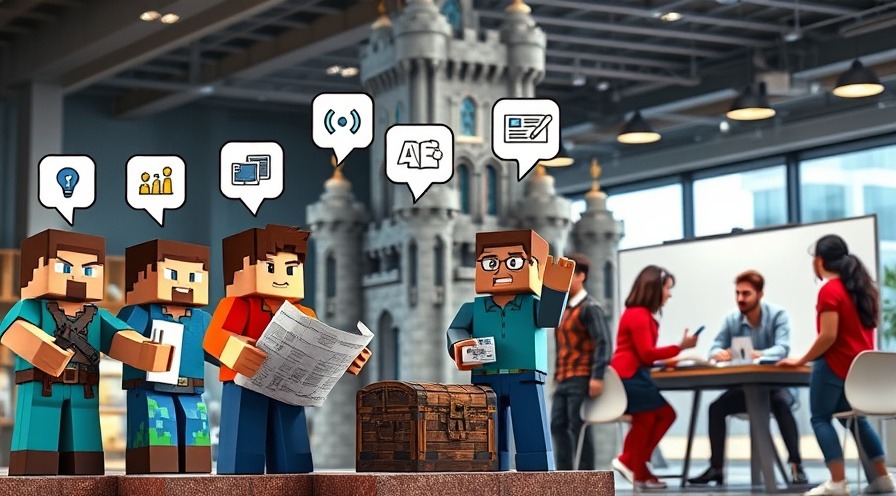 Diverse Minecraft characters collaborating on a castle project with teamwork icons.