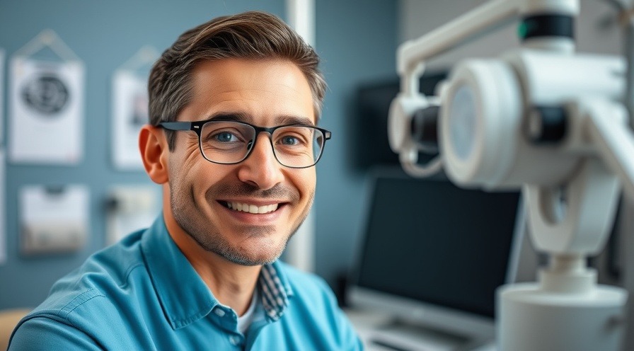 Smiling male eye doctor in exam room providing eye care.