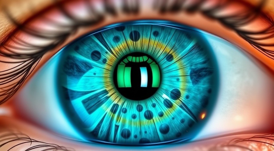 Close-up of a blue-green eye reflecting colorful healthy foods.