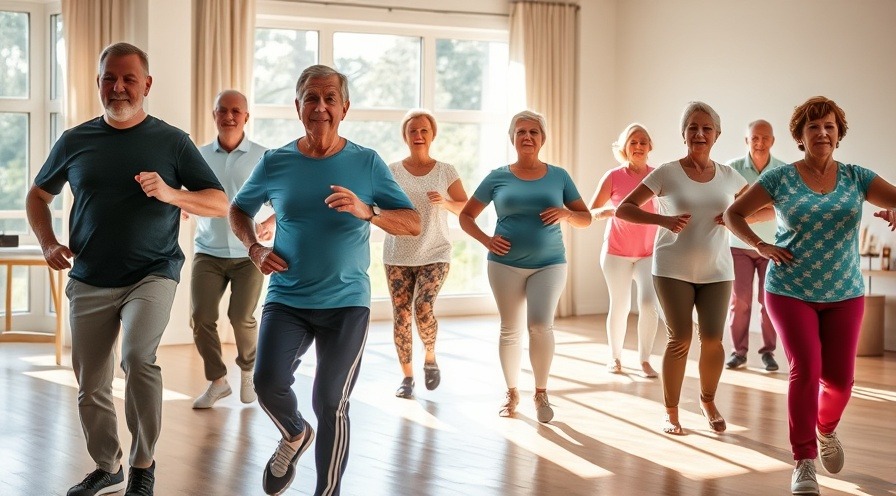Diverse middle-aged and senior group exercising in sunlit room, fostering harmony and vitality.