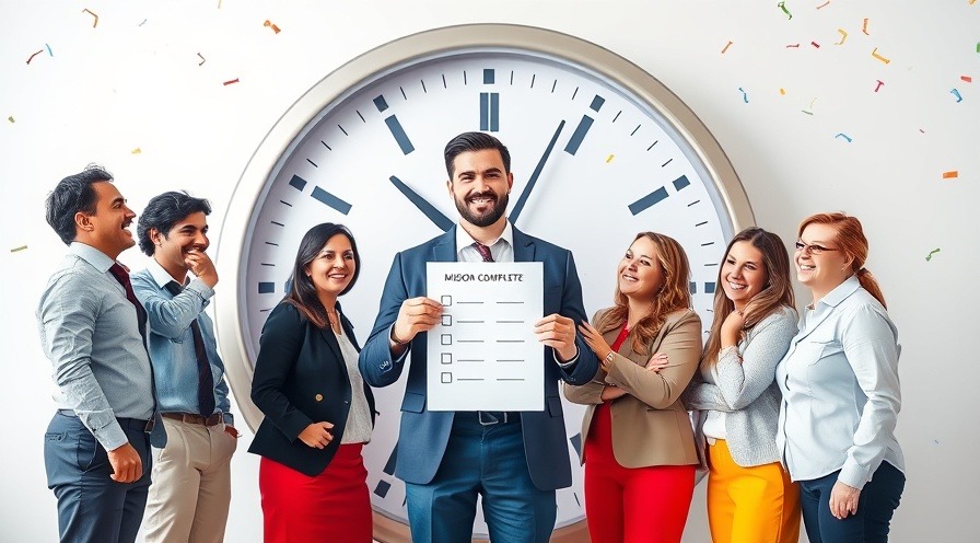 Project manager celebrates deadline met, handing checklist to smiling team under 'MISSION COMPLETE' banner.