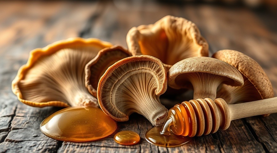Close-up of medicinal mushrooms with honey, showcasing warmth and healing.