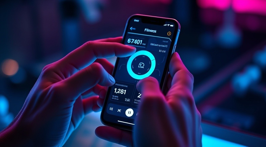 Futuristic smartphone showcasing fitness tracker app with vibrant holographic effects.