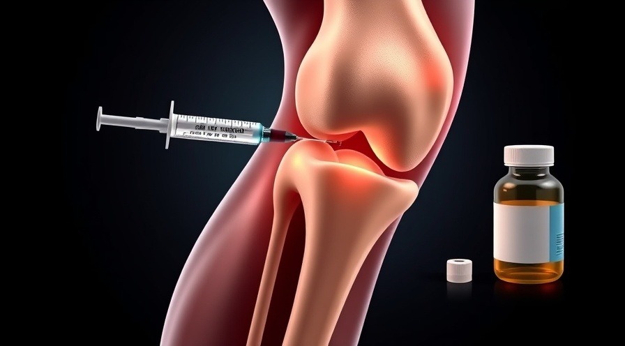 Medical illustration of knee injections for osteoarthritis treatment.