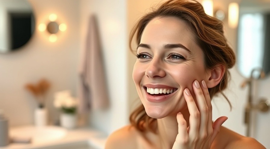 Happy woman sharing her skincare routine for healthy aging in a modern bathroom.