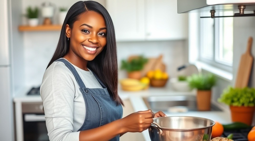 woman smiling in her kitchen, ready to cook.