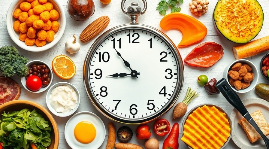 Clock with food items illustrating timing meals for fat loss and weight management strategies.