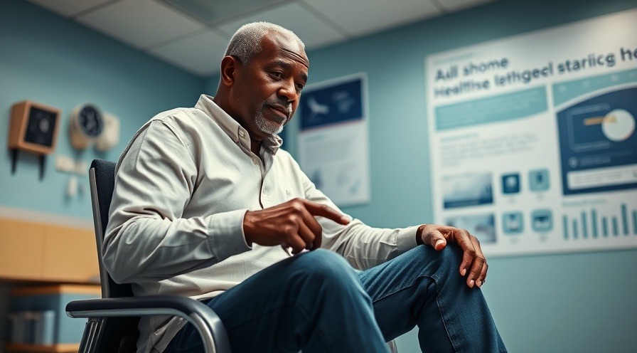 Older man pointing at inflammed knee in a vibrant healthcare clinic, highlighting holistic solutions.