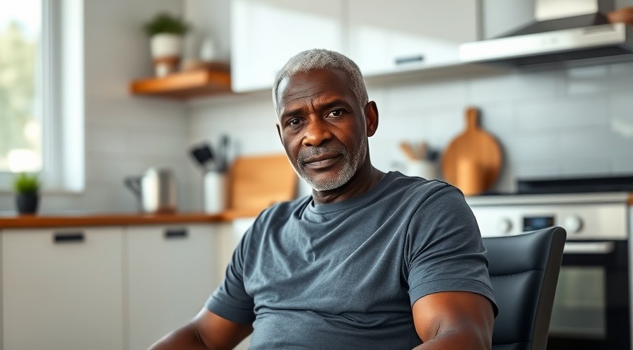Senior citizen exercises: focused 64-year-old man ready for chair fitness in a modern kitchen.