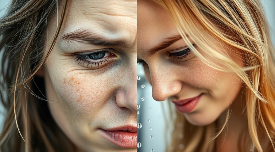 Split-screen close-up of a person's face showing dull vs. glowing skin; water hardness effects visible.