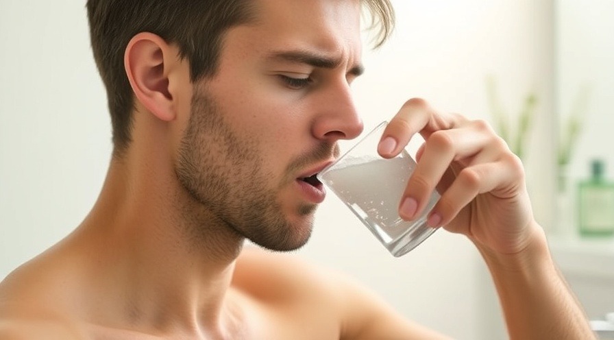 Man gargling salt water from a cup in a soothing modern bathroom